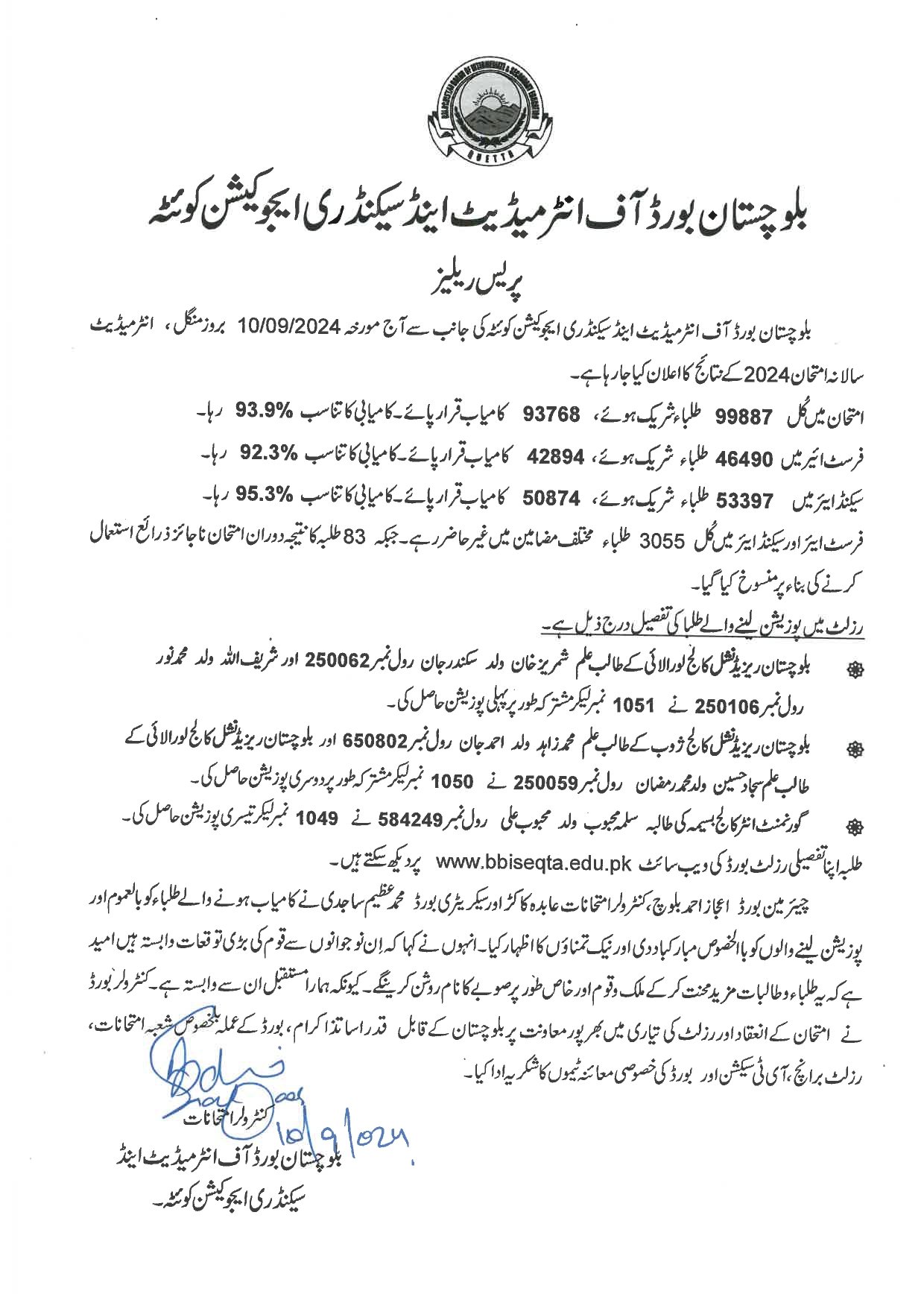 Hamara Quetta 2nd Year 12th Class Result 2024 Balochistan Board