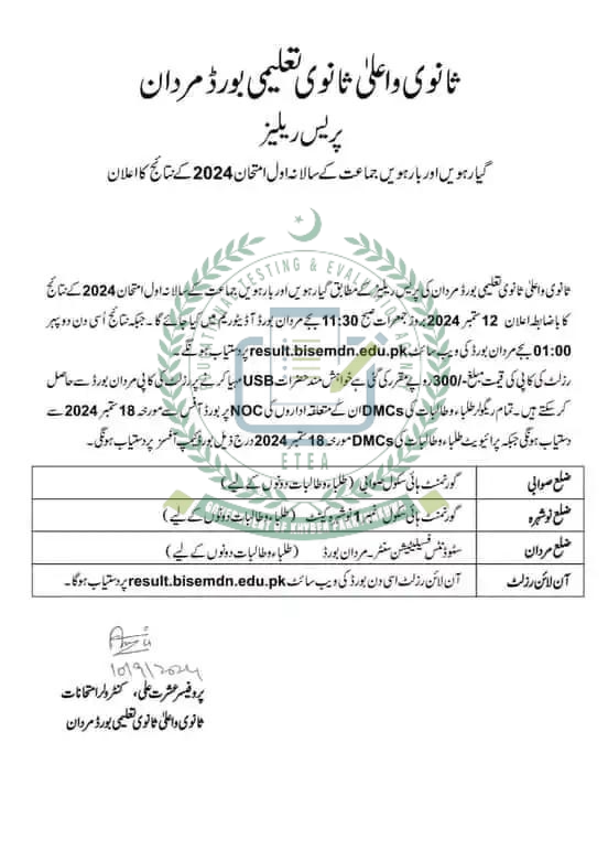 BISE Mardan Board 11th Class 1st Year Result 2024 By Roll No