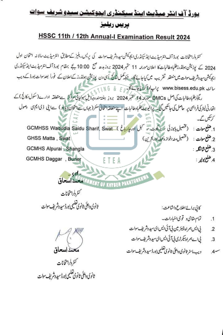 Bise Swat Board 12th Class 2nd Year Result 2024